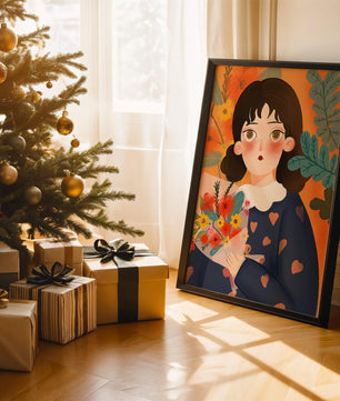 Ilustración encantadora de una chica con flores y corazones