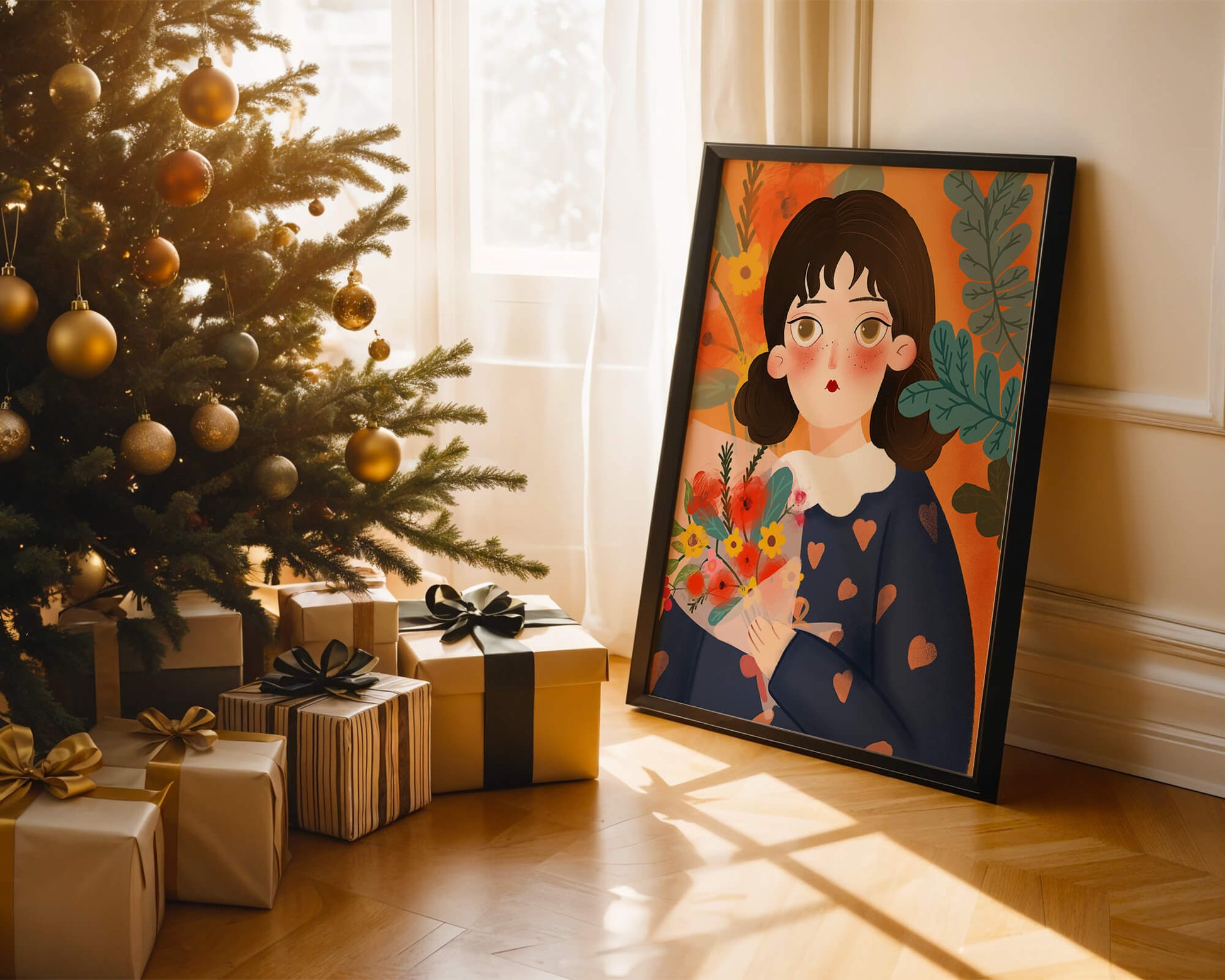 Ilustración encantadora de una chica con flores y corazones