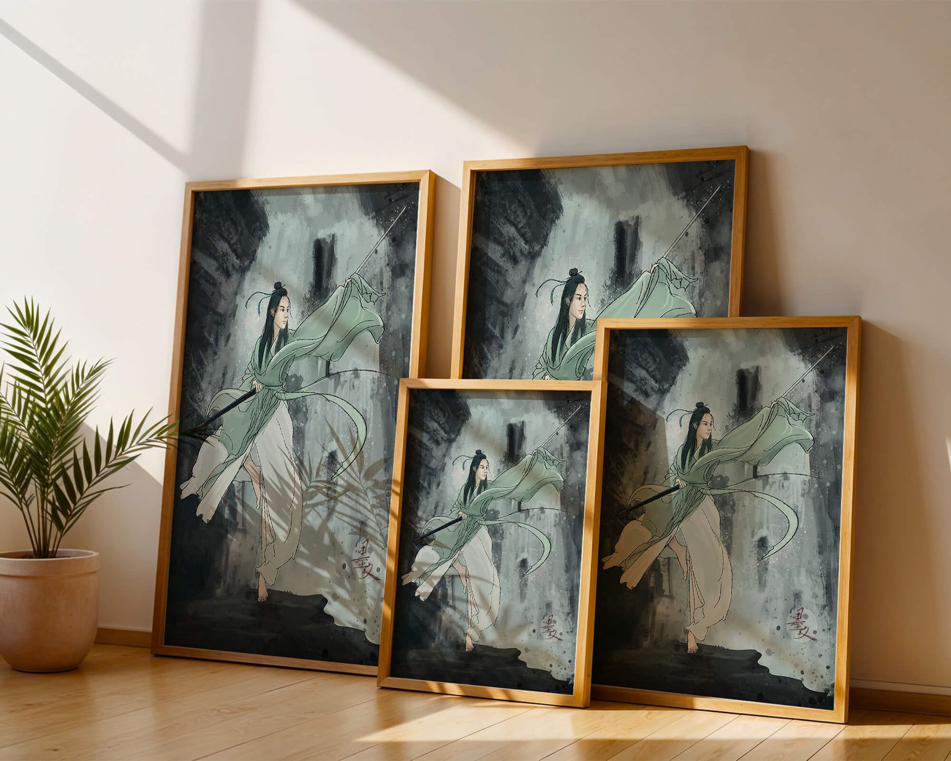 Dynamic illustration of a warrior in flowing robes with a spear