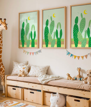 Desert cactus illustration with crescent moon