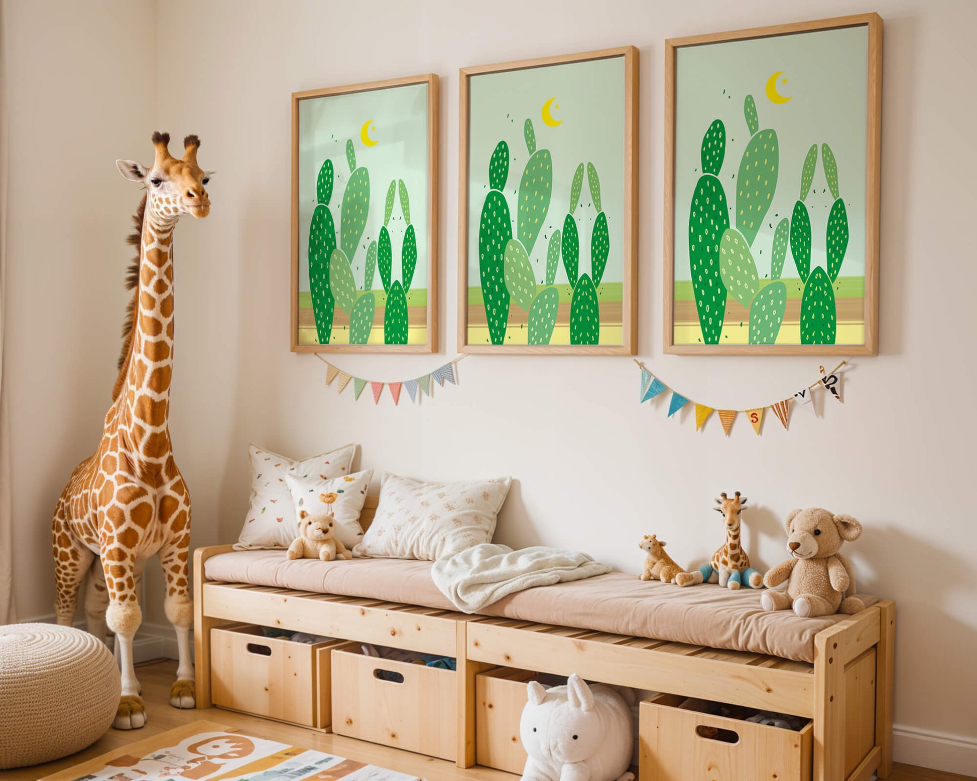 Desert cactus illustration with crescent moon