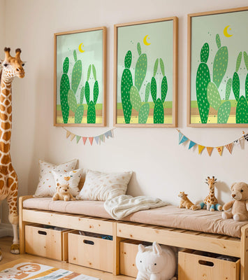 Desert cactus illustration with crescent moon