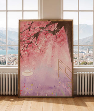Cherry Blossom Garden with Spring Flowers and Sunlight