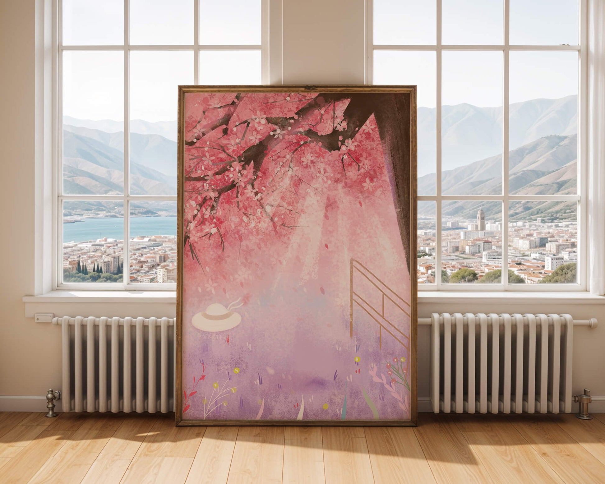 Cherry Blossom Garden with Spring Flowers and Sunlight