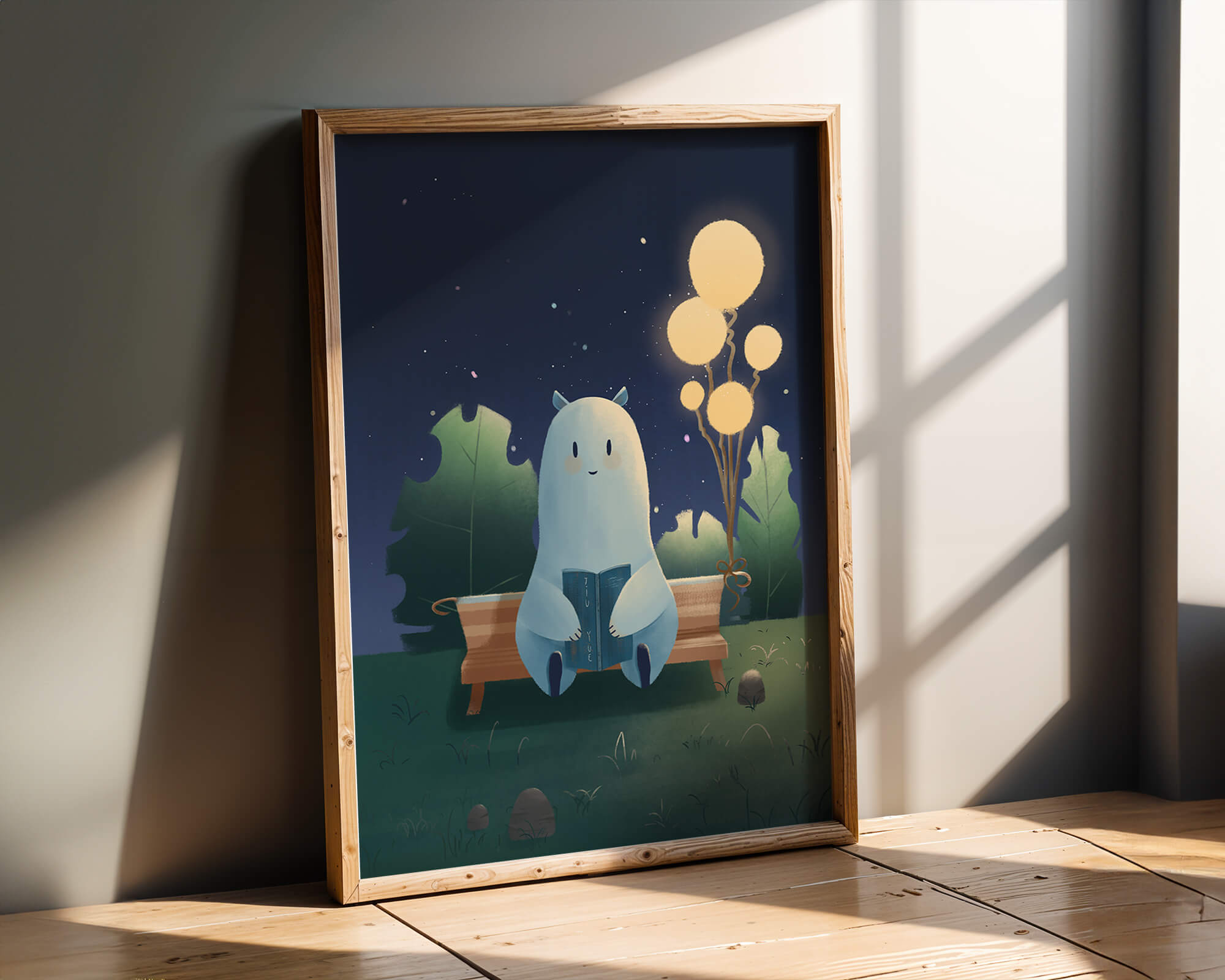 Cozy nighttime illustration with a creature reading under starry sky