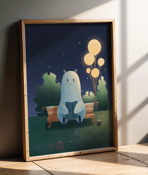 Ilustración nocturna acogedora con una criatura leyendo bajo un cielo estrellado