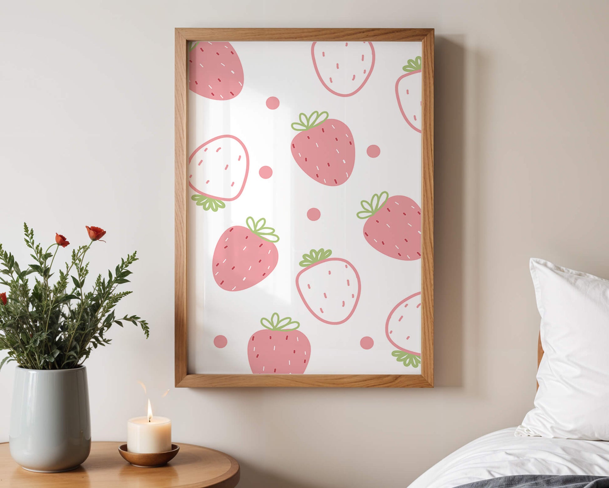 Playful strawberry pattern with pink and white design