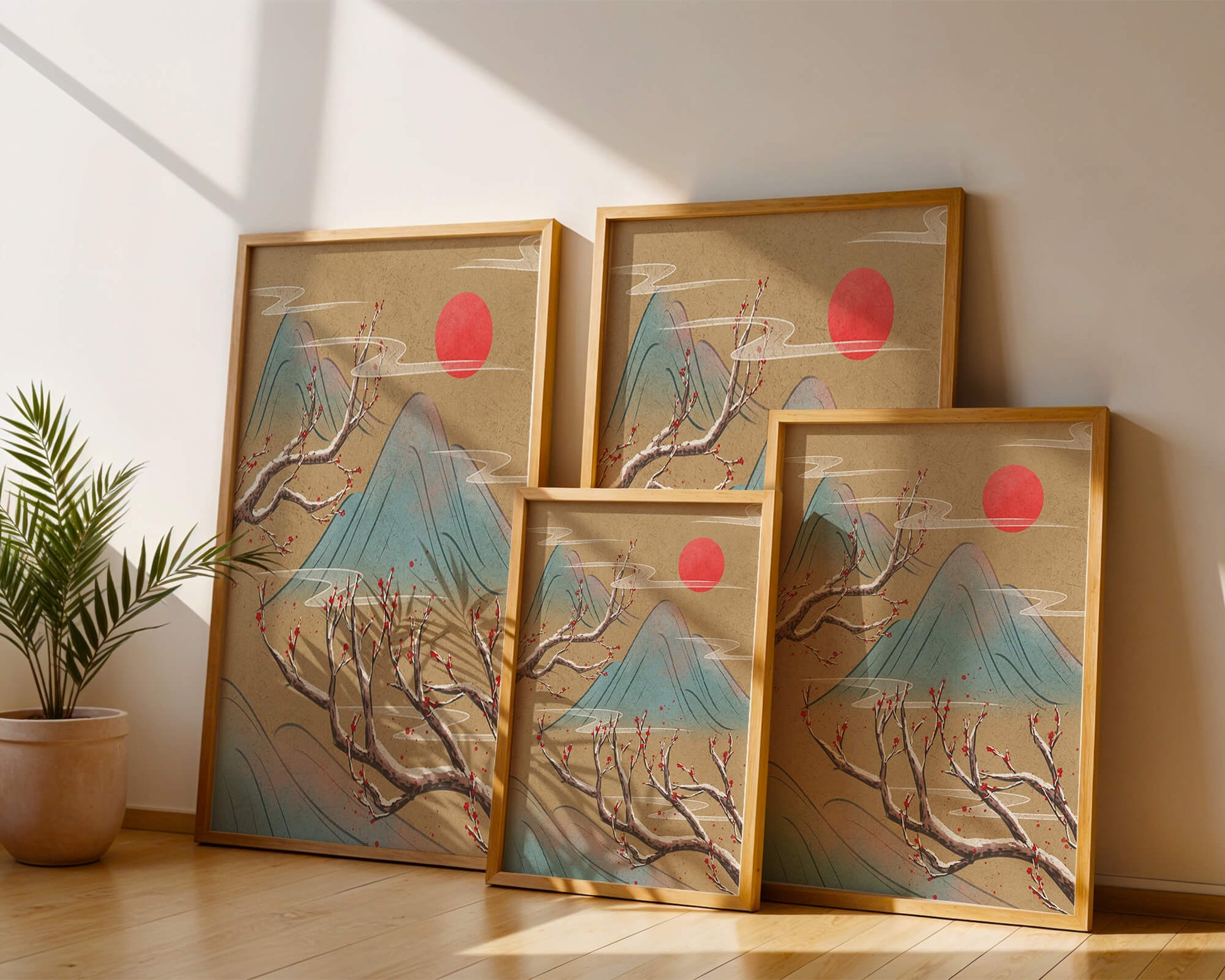 Tranquil landscape with cherry blossom and red sun