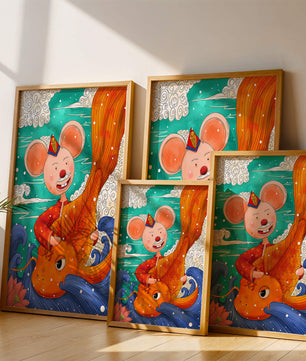 Whimsical illustration of a mouse riding a golden fish in a vibrant fantasy setting