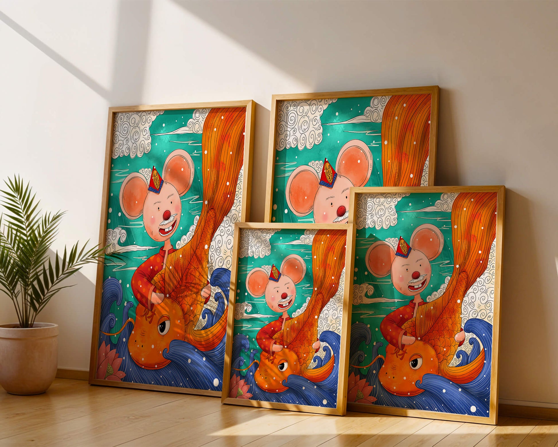 Whimsical illustration of a mouse riding a golden fish in a vibrant fantasy setting