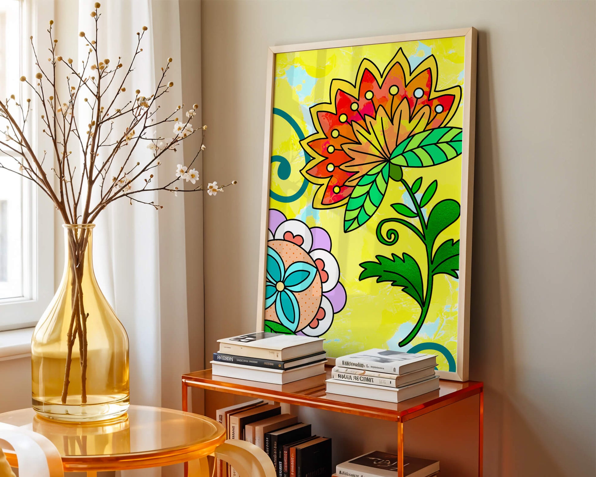 Colorful abstract floral illustration with bright yellow background