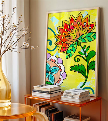 Colorful abstract floral illustration with bright yellow background