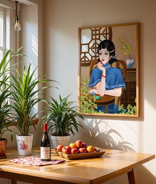 Elegant Woman in Traditional Chinese Setting with Blue Cape and Intricate Decor