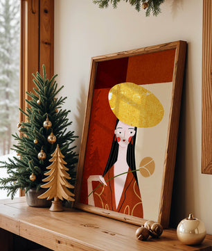 Elegant Woman with a Gold Hat and a Flower on a Red Background - Mi tienda