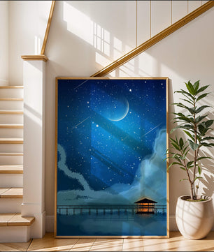 Serene Night Sky with Crescent Moon, Stars, and Pier Over Water