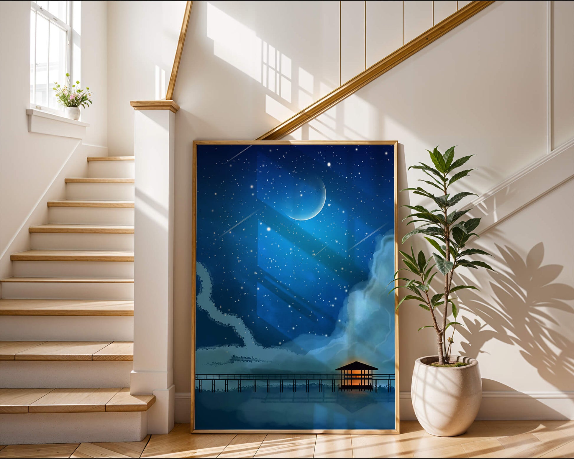 Serene Night Sky with Crescent Moon, Stars, and Pier Over Water