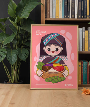Personnage de dessin animé charmant en tenue traditionnelle tenant un panier de nourriture coloré