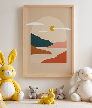 Paysage minimaliste avec montagnes et soleil