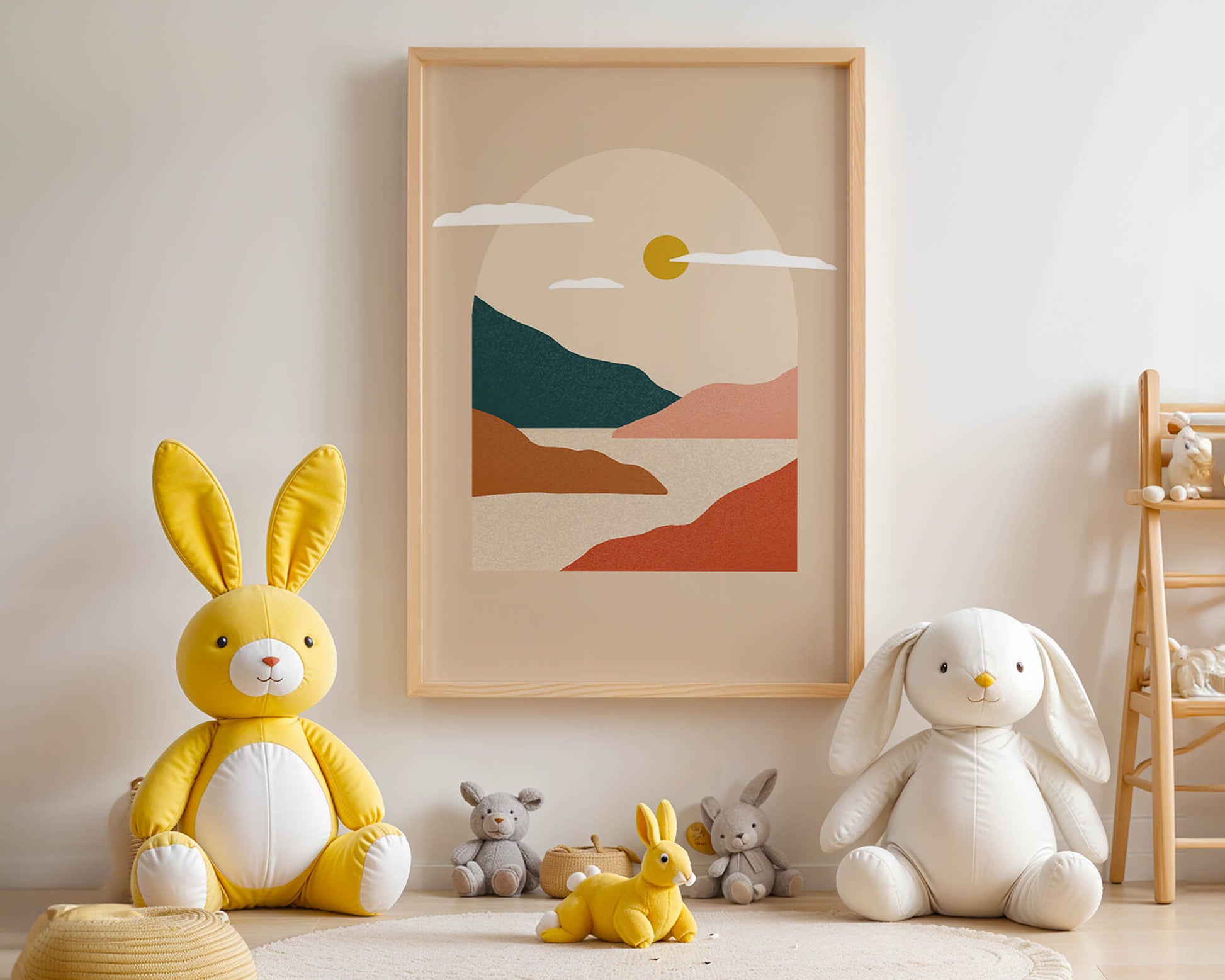 Paysage minimaliste avec montagnes et soleil