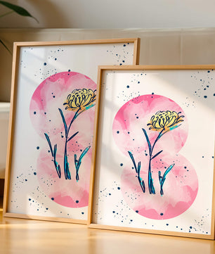 Abstract Floral Design with Pink Circles and Yellow Flower on White Background