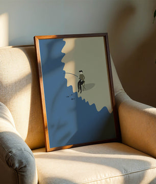 Minimalistic illustration of a person fishing by the sea