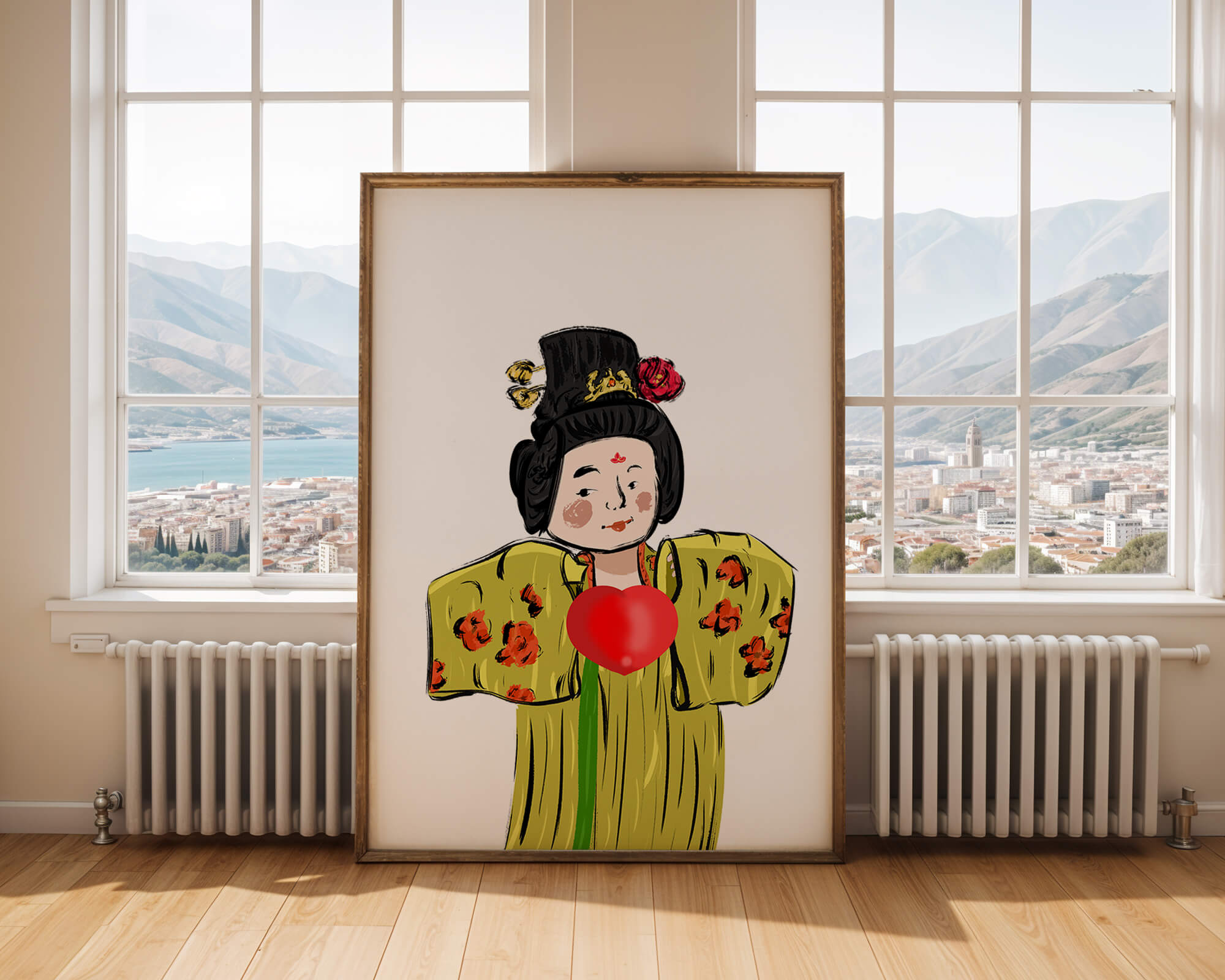 Illustration of a traditional figure in vibrant attire with a heart symbol