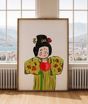 Ilustración de una figura tradicional con atuendo vibrante y un símbolo de corazón