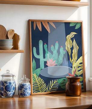 Ilustración botánica colorida con cactus y hojas tropicales