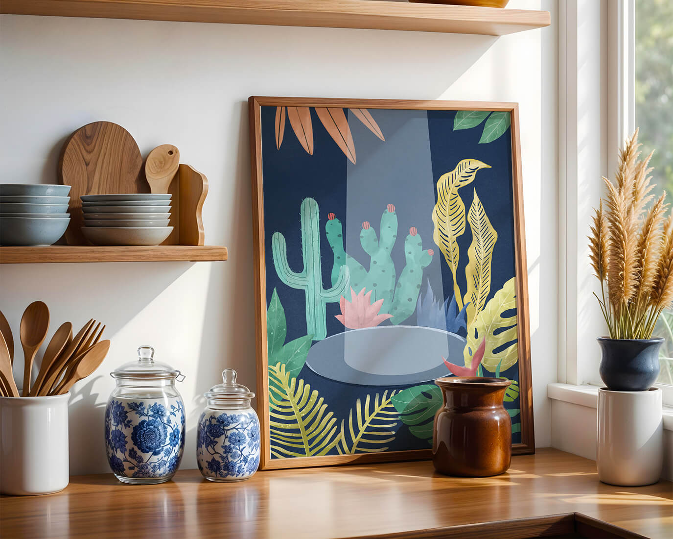 Colorful botanical illustration featuring cacti and tropical leaves
