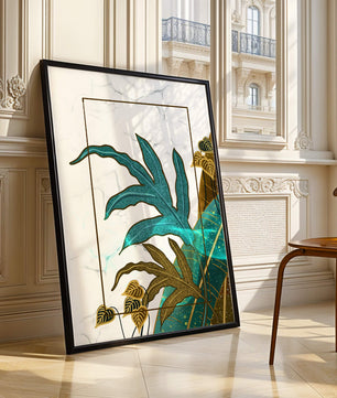 Abstrakte botanische Kunst mit blauen und goldenen Blattmustern