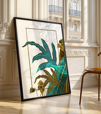 Abstract botanical art with blue and gold leafy designs