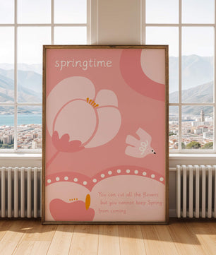 Springtime illustration with flowers and bird on pink background