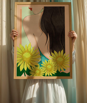Ilustración de una mujer elegante con girasoles y cabello largo y oscuro