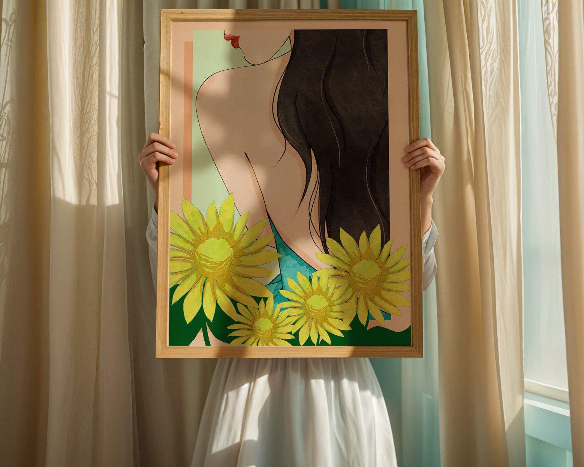 Ilustración de una mujer elegante con girasoles y cabello largo y oscuro