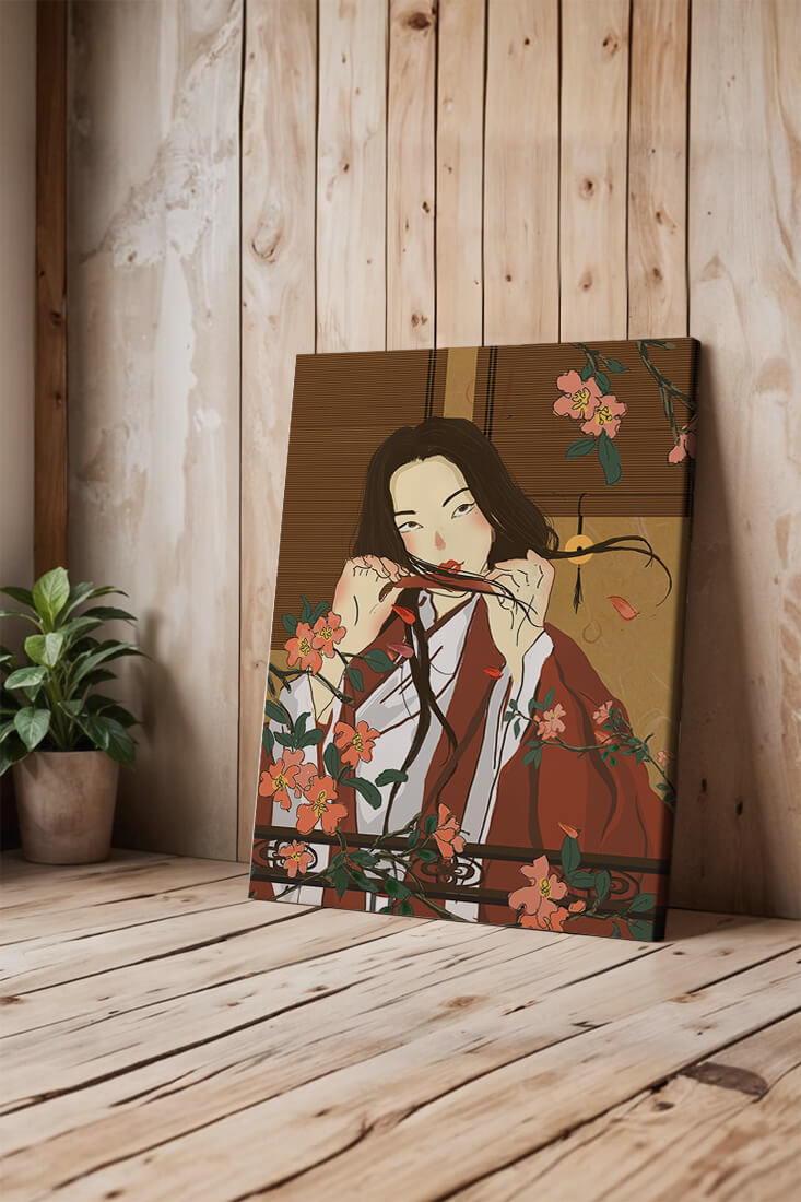Japanerin spielt Flöte zwischen Blumen in traditioneller Umgebung