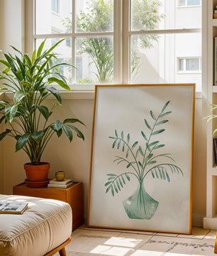 Illustration minimaliste à l’aquarelle de feuilles vertes dans un vase en verre