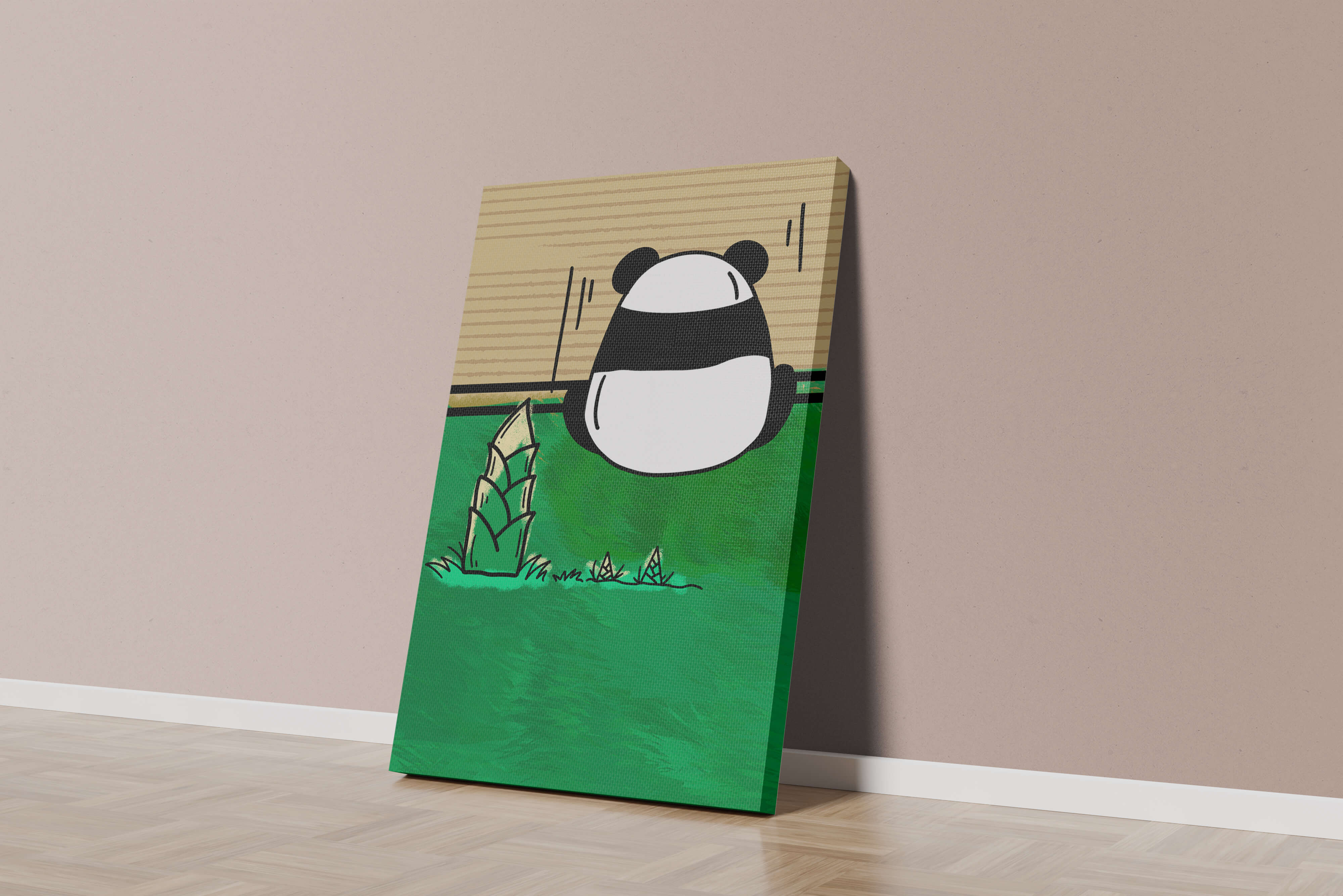 Whimsical panda in a green bamboo forest background