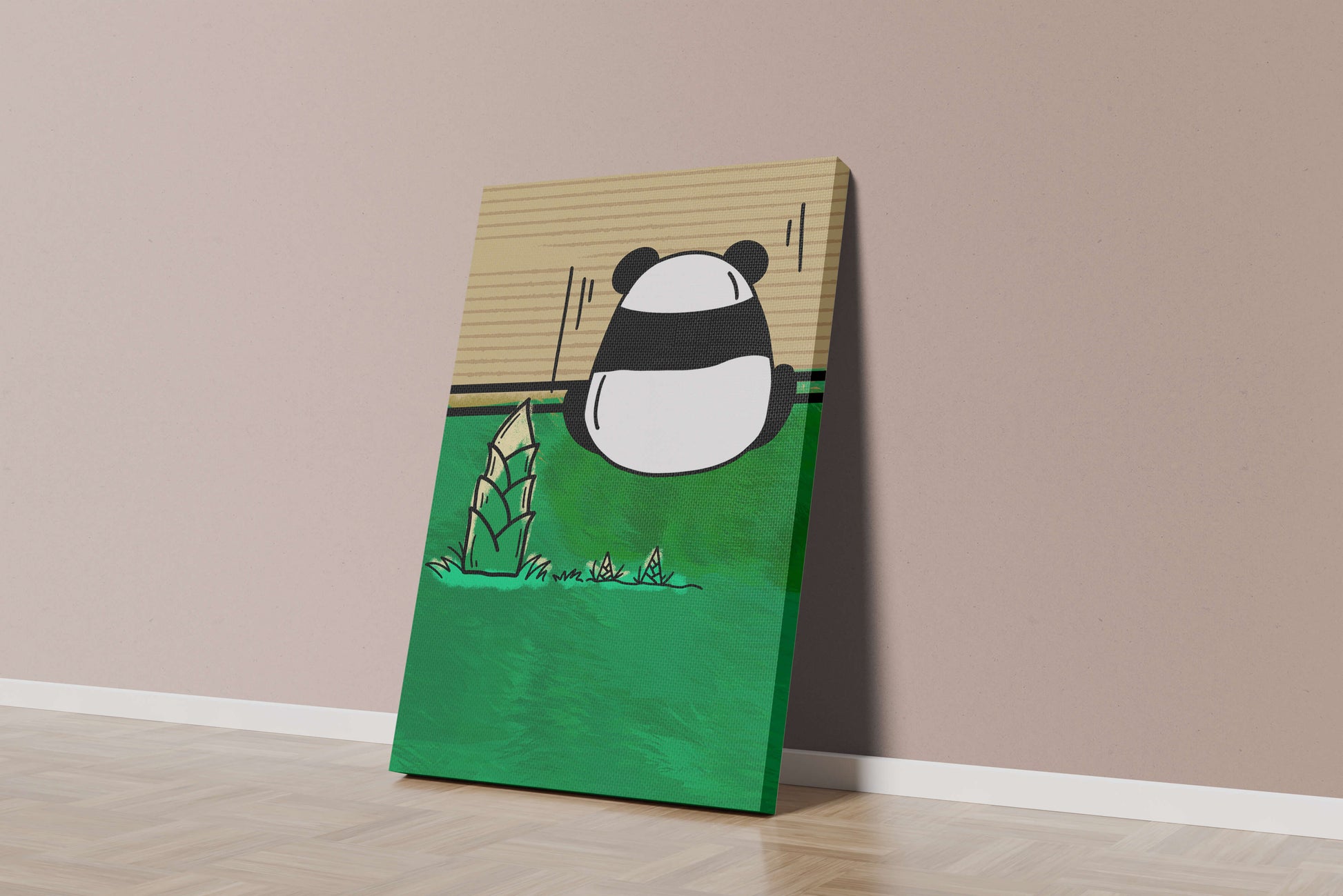 Whimsical panda in a green bamboo forest background