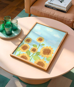Sunflowers Under Blue Sky with Floating Clouds
