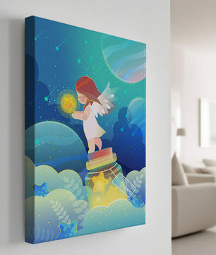 Enchanting angel collecting stars in a dreamy night sky