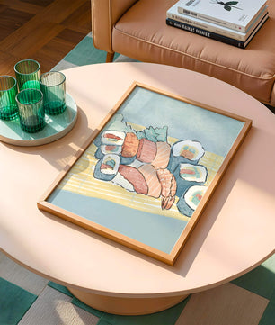 Illustration of assorted sushi rolls with shrimp and salmon on a bamboo mat