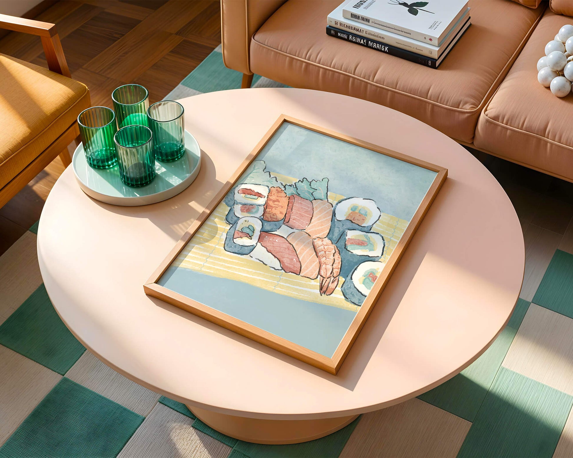 Illustration of assorted sushi rolls with shrimp and salmon on a bamboo mat