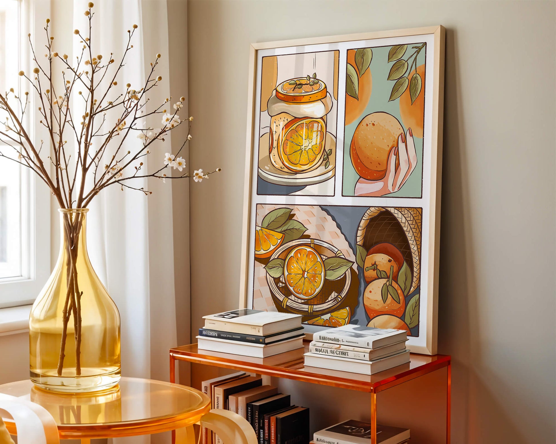 Ilustración colorida de naranjas y conservas con canasta