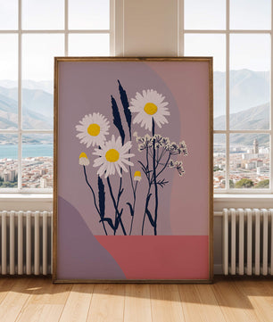 Zarte weiße Gänseblümchen mit gelben Zentren auf modernem Pastell-Hintergrund