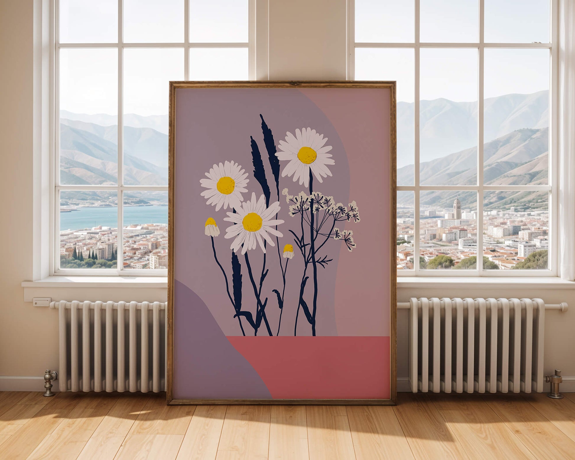 Zarte weiße Gänseblümchen mit gelben Zentren auf modernem Pastell-Hintergrund