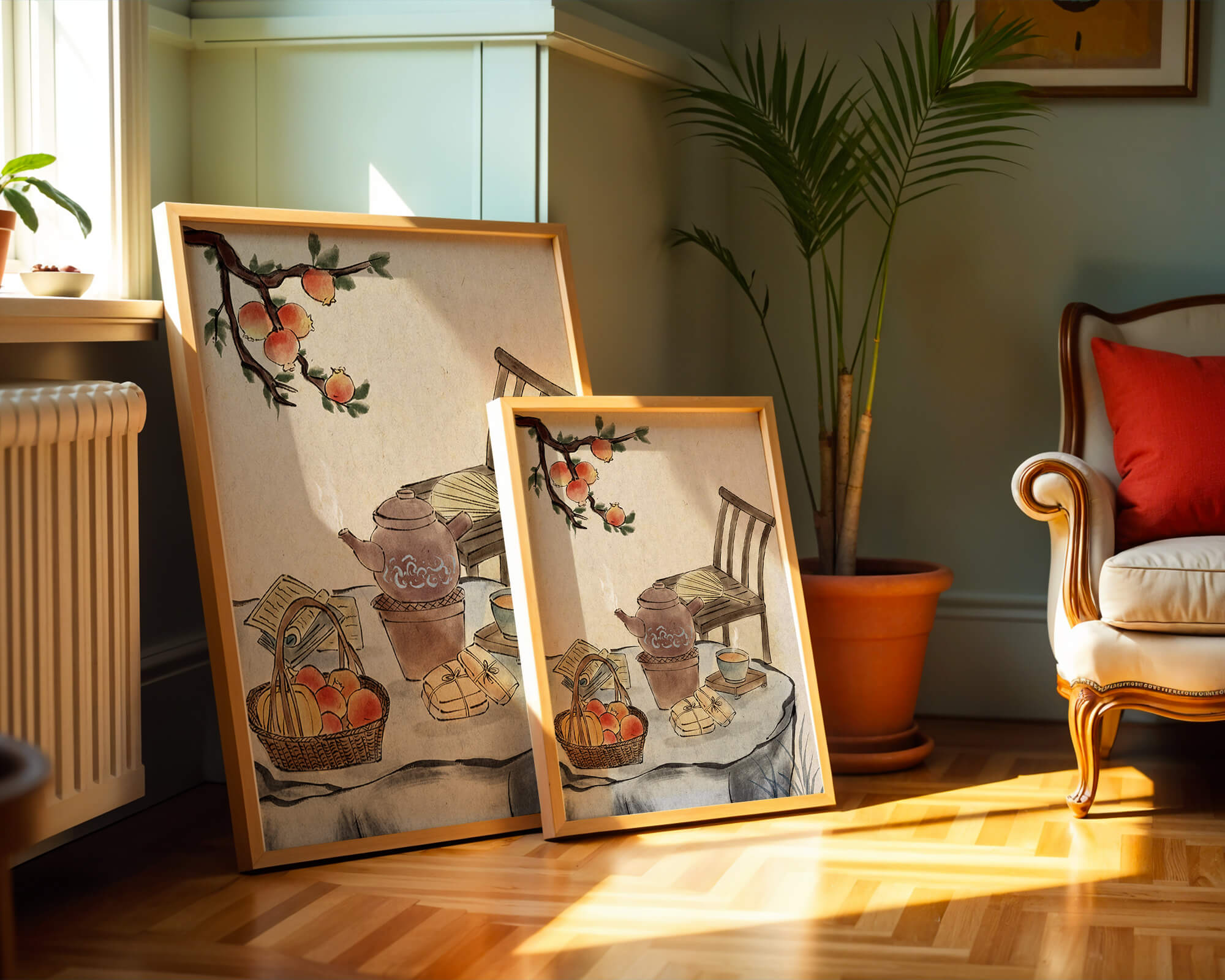 Watercolor painting of tea time setting with fruits and wooden chair
