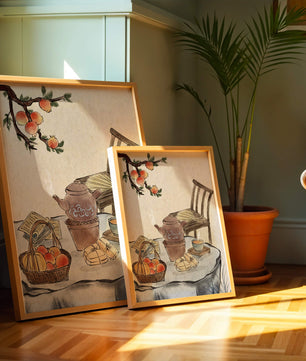 Peinture à l’aquarelle d’un moment de dégustation de thé avec des fruits et une chaise en bois