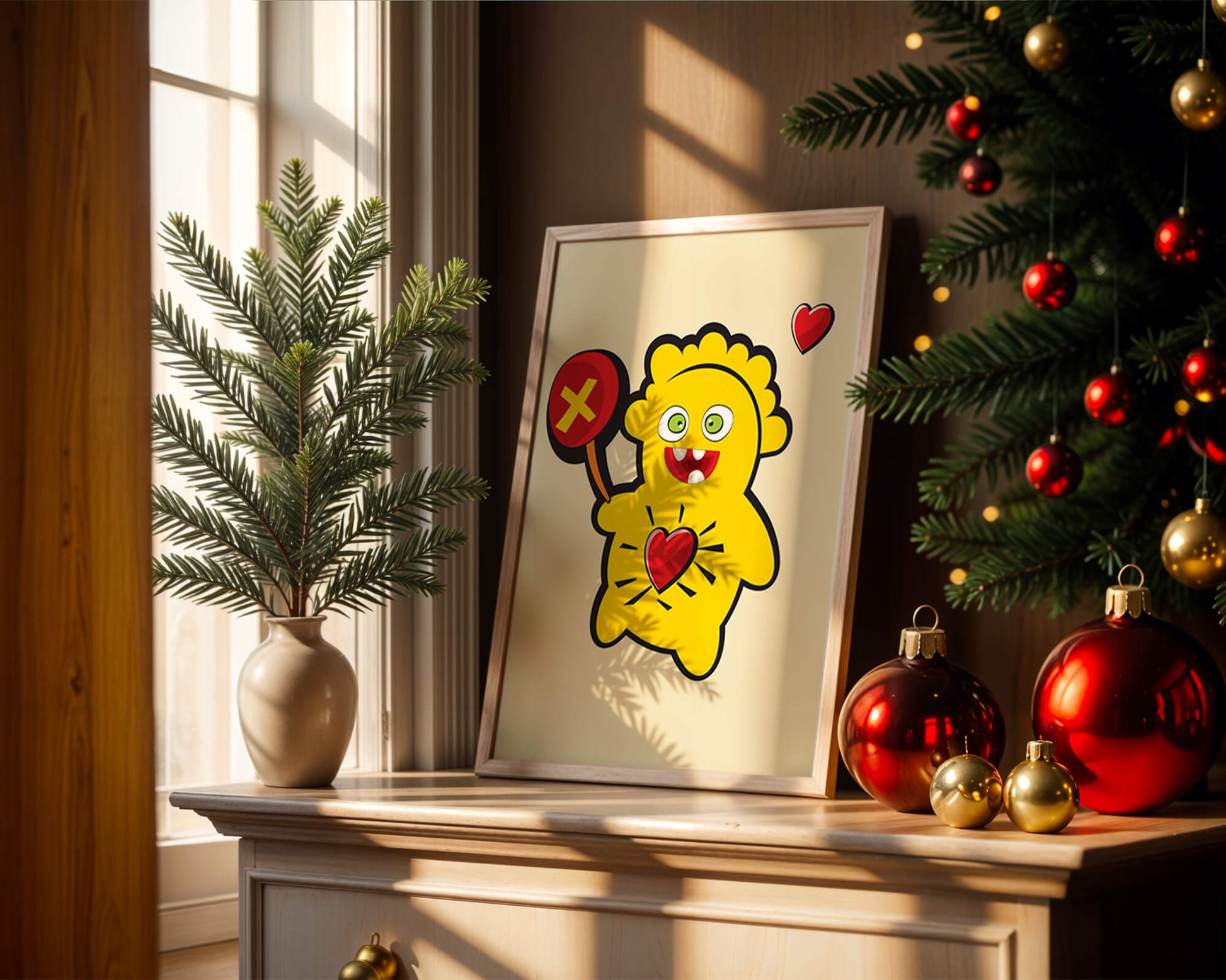 Colorful cartoon character with heart and playful design