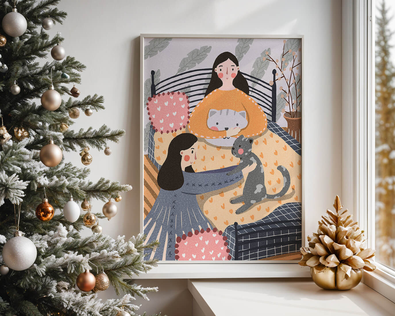 Escena interior acogedora con mujeres, gatos y elementos decorativos