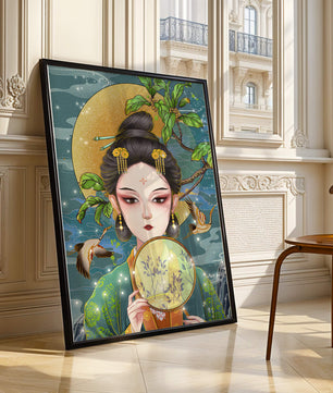 Elegante representación de una mujer con atuendo tradicional sosteniendo un abanico decorativo